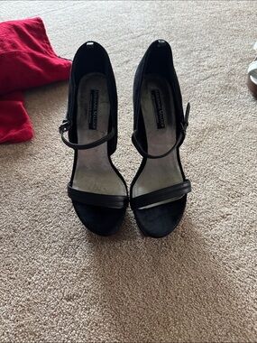 Adrienne Maloof Black Suede Open-Toe Ankle-Strap Heels